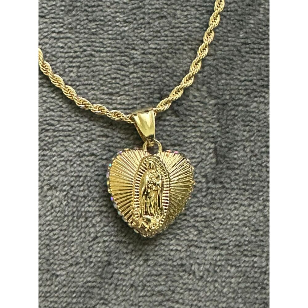 18K Gold Filled Our Lady of Guadalupe Heart Crystal Pendant Necklace 20" 4mm